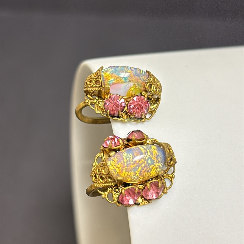 Vintage Czech Faux Opal Cabochon Art Deco Gold Tone Screw Back Earrings